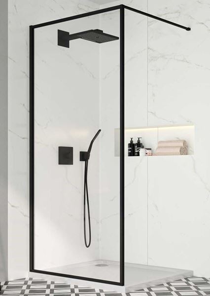 Picture of JHB Alps Walk in Shower Screen, BLACK frame, 900 x 2000 x 8mm, extendable stabilizer & U Channel