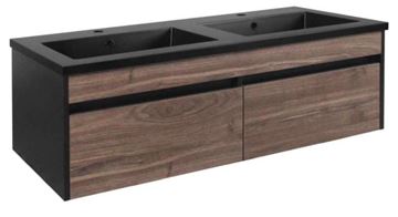 Picture of JHB Sale Bijiou Vague Noire Walnut Double Bathroom Cabinet with BLACK basins and Black sides, 1200 mm L, 2 drawers 
