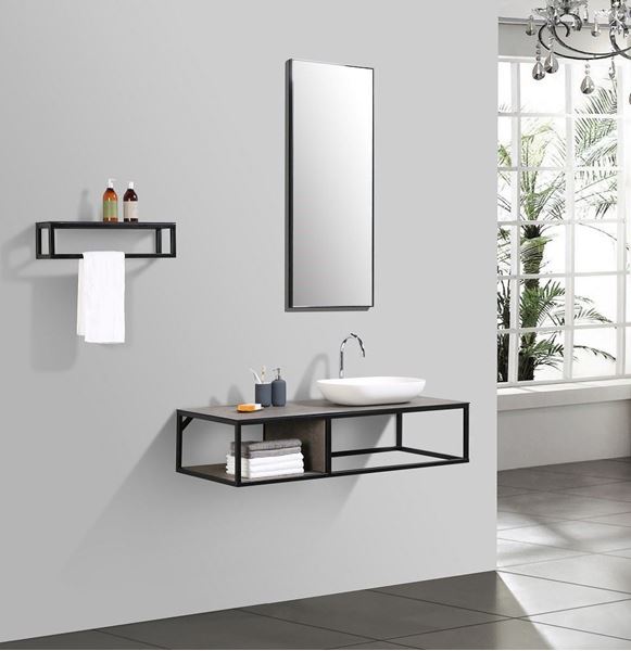 Picture of Picasso bathroom vanity 1310 mm L, black iron frame, Stone Ash counter, mirror and shelf, DELIVERED to Main Cities